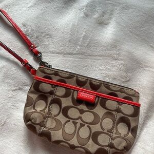 Coach Signature Brown Wristlet with Red Accents